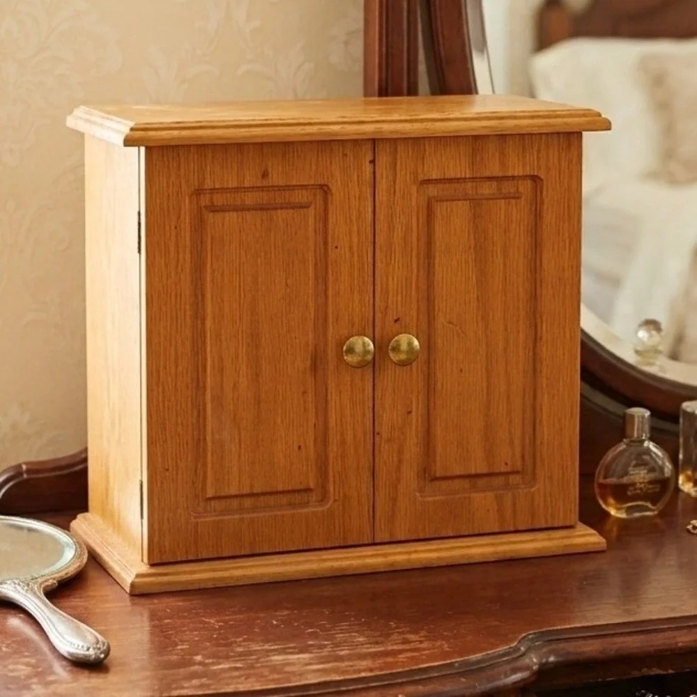 Vintage Oak Wood Tabletop Jewelry Armoire Cabinet Mini Dresser Chest